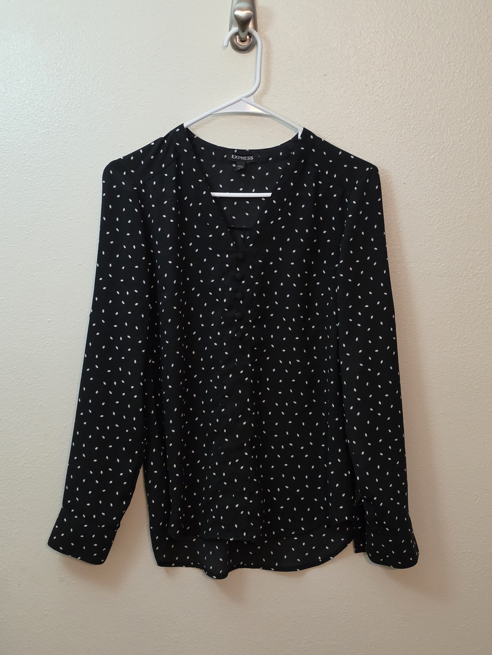 Express Black Long-Sleeve Blouse with White Dot Print